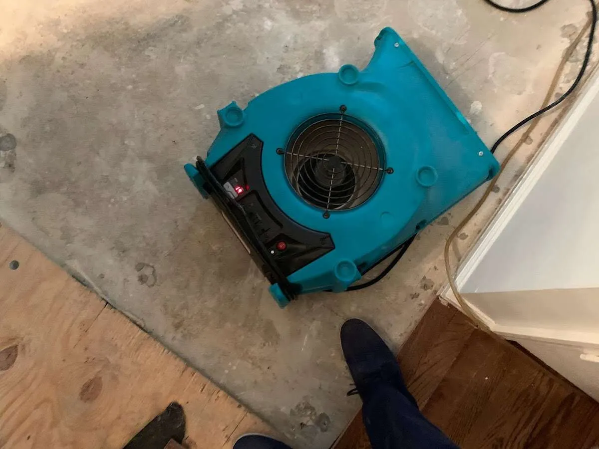 Air mover drying subfloor during Commercial Water Damage Restoration in Easton